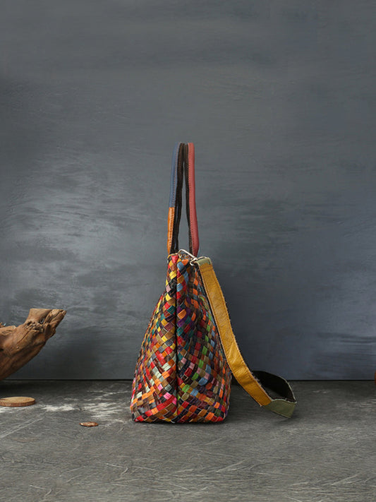Women Vintage Multicolor Leather Weave Tote Bag