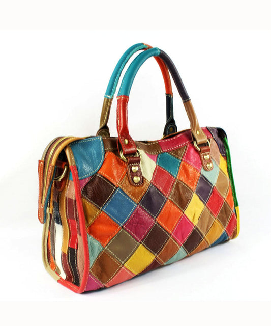 Elegáns patchwork borjúbőr hordtáska cipzárral és colorblock szegecsekkel