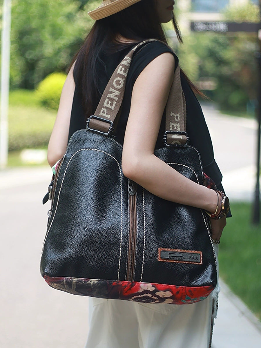 Vintage Leather Spliced Flower Shoulder Bag