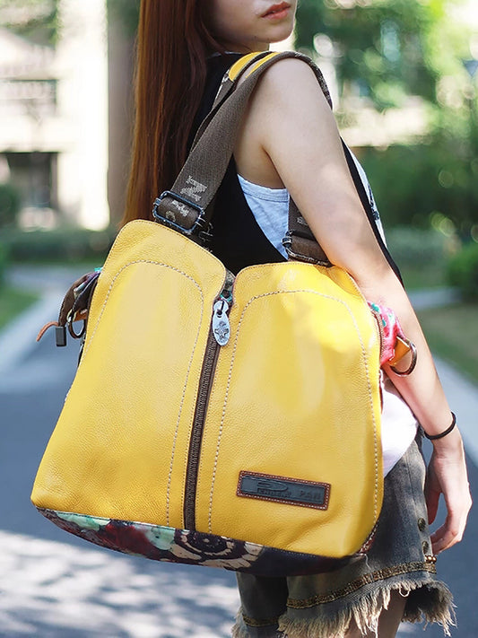 Vintage Leather Spliced Flower Shoulder Bag