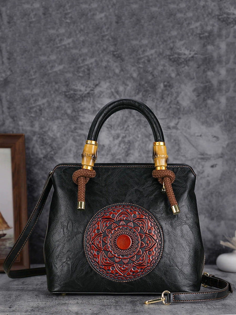 Women Vintage Flower Embossing Handbag Crossbody Bag